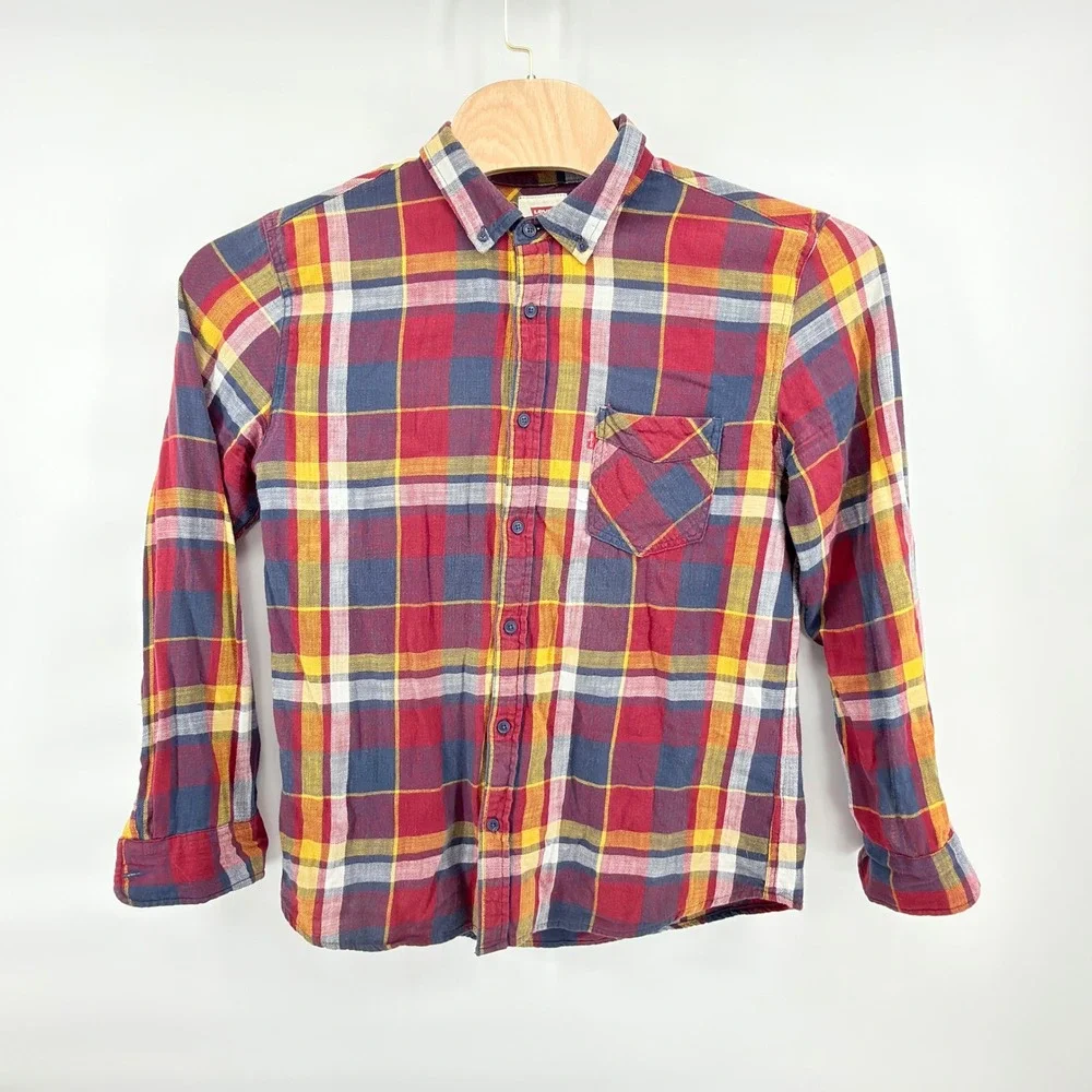 Levi's Plaid Flannel Shirt Mens Large Long Sleeve Button Down Red Yellow Blue